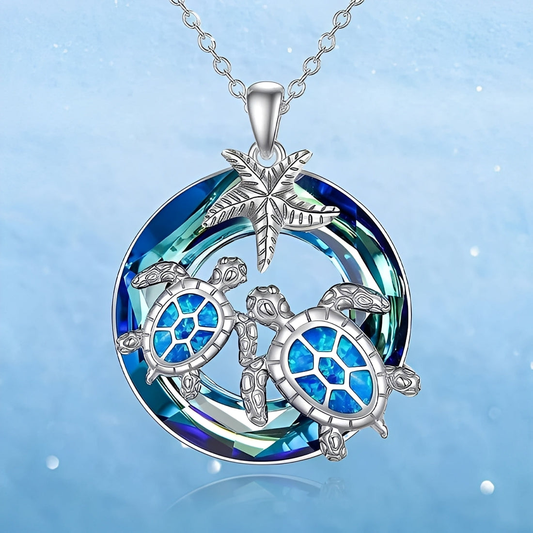 Nolwen – Turtle and Palm Necklace with Opal Circle