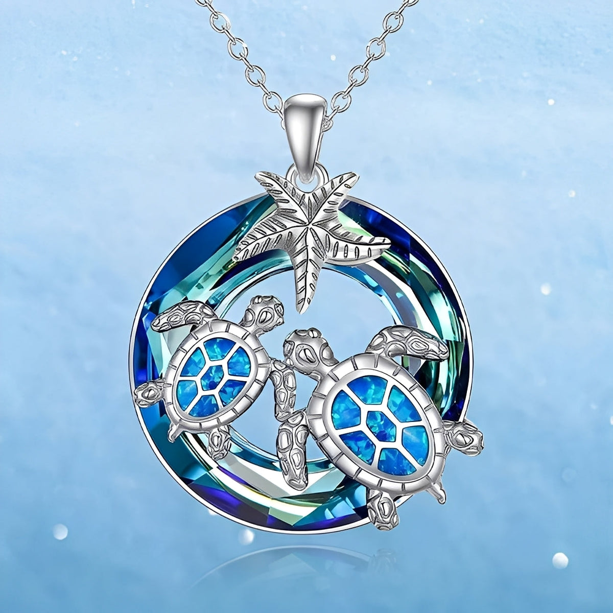 Nolwen – Turtle and Palm Necklace with Opal Circle