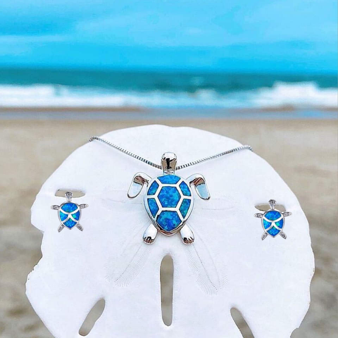 Kailea – Opal and silver turtle jewelry set (necklace + earrings)