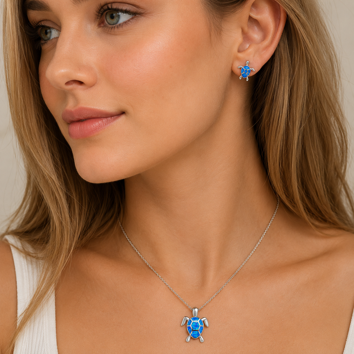 Kailea – Opal and silver turtle jewelry set (necklace + earrings)