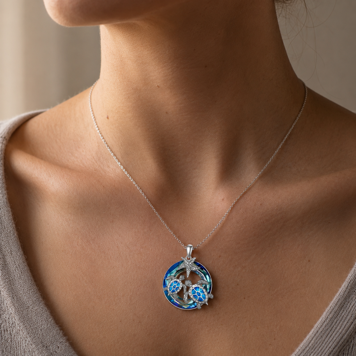 Nolwen – Turtle and Palm Necklace with Opal Circle