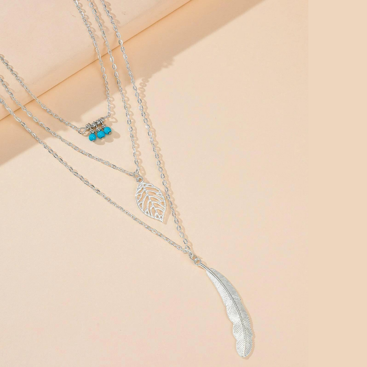 Leaf and Feather Pendant - 3 Layer Necklace