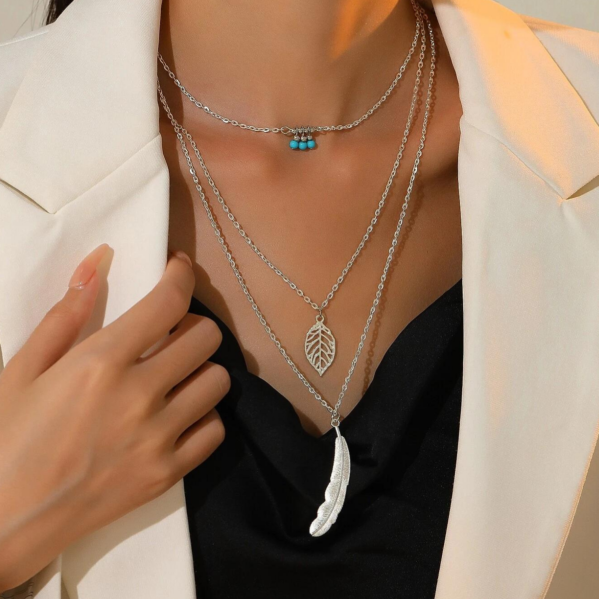 Leaf and Feather Pendant - 3 Layer Necklace