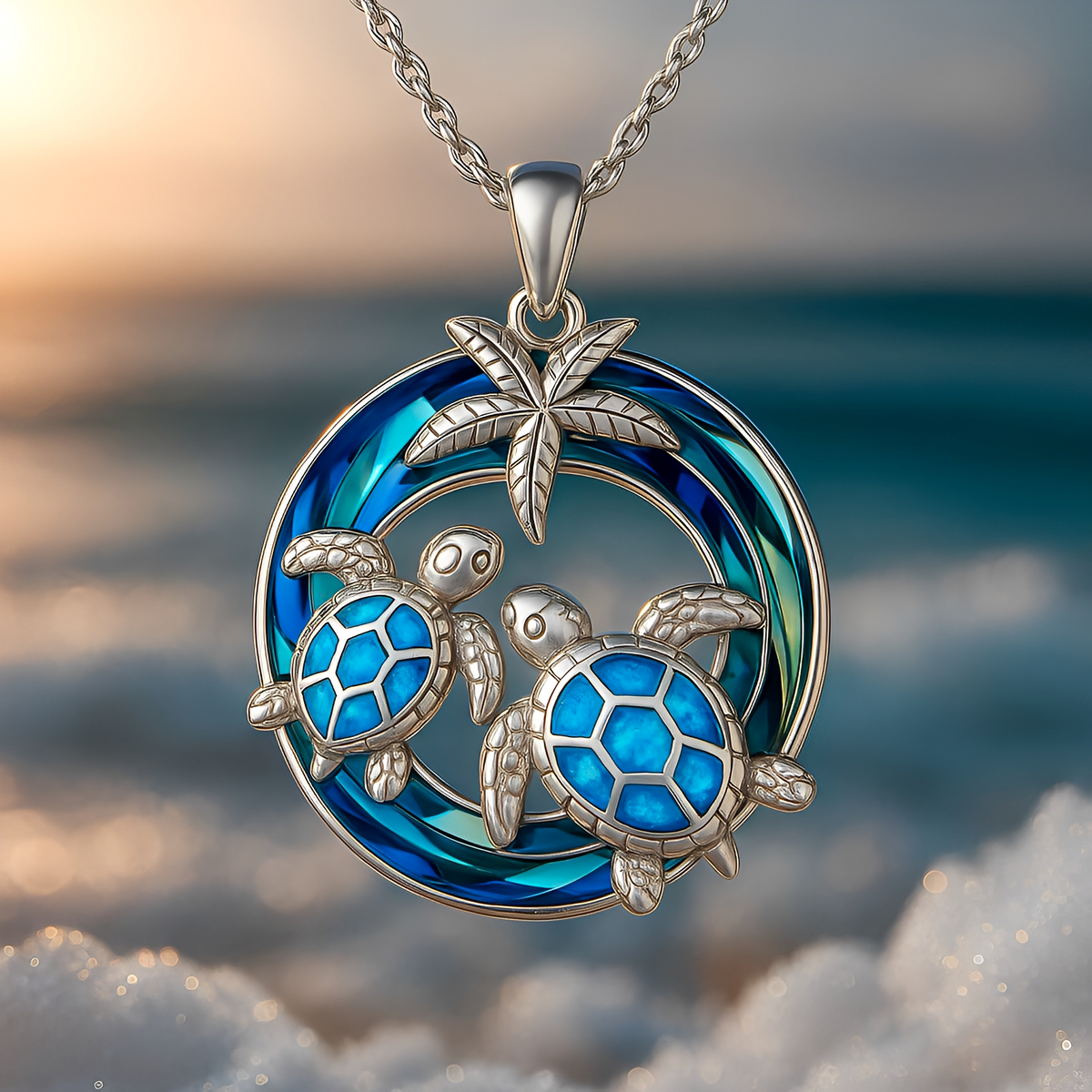 Nolwen – Turtle and Palm Necklace with Opal Circle