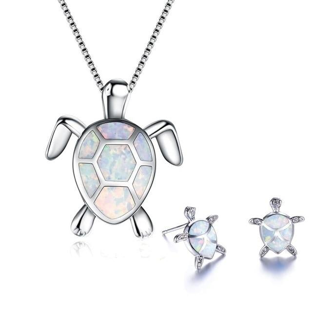 Kailea – Opal and silver turtle jewelry set (necklace + earrings)