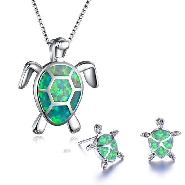 Kailea – Opal and silver turtle jewelry set (necklace + earrings)